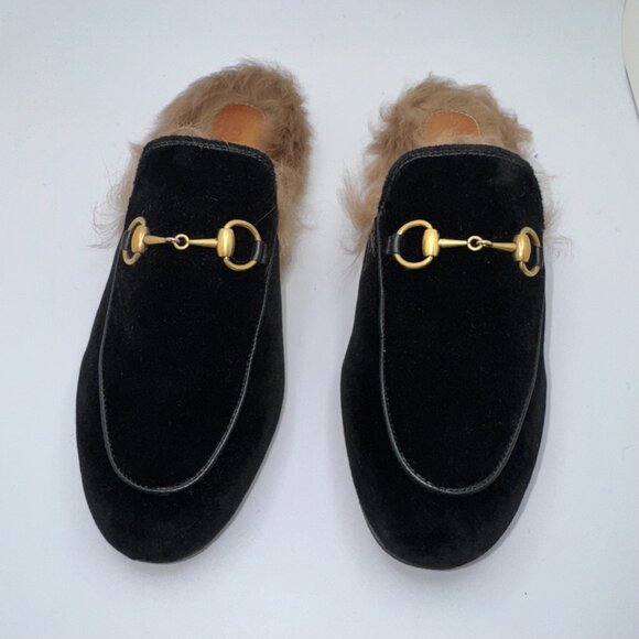Gucci Princetown Horsebit Flat Mules Velvet Lamb Fur Lined Black Women's EU 36 - Picture 5 of 15
